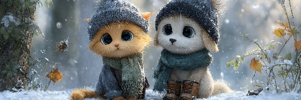 Grafika AI, Czapki, Ubranka, Pies, Kot, Zima, Ławka