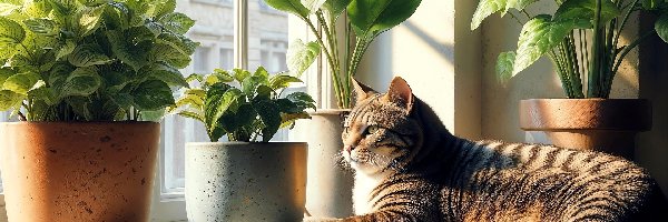 Okno, Doniczki, Rośliny, Kot