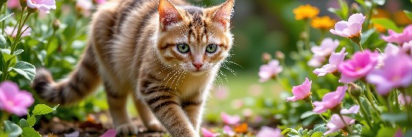 Ogród, Kwiaty, Trawa, Kot