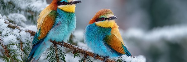 Dwie, Ośnieżona, Żołny, Grafika AI, Gałązka