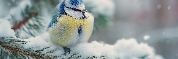 Sikorka, Gałązki, Modraszka, Grafika AI, Śnieg