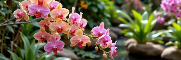 Kwiaty, Oczko wodne, Storczyki, Roślinność, Kamienie