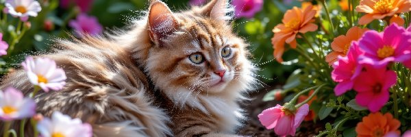 Leżący, Puszysty, Kot, Kwiaty, Kolorowe