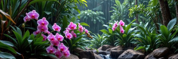 Drzewa, Kamienie, Fioletowe, Kwiaty, Staw, Grafika AI, Deszcz, Storczyki, Rośliny