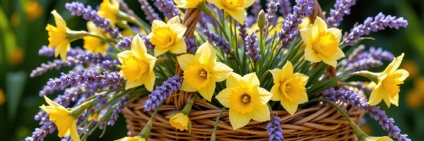Narcyzy żonkile, Koszyk, Lawenda, Kwiaty