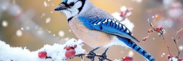 Czerwone, Ośnieżone, Gałązki, Owoce, Modrosójka, Ptak