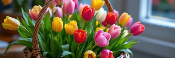 Kolorowe, Koszyk, Tulipany, Kwiaty