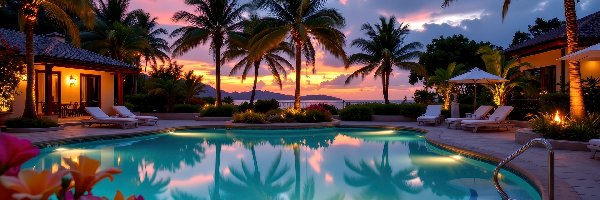 Palmy, Grafika AI, Zachód słońca, Basen