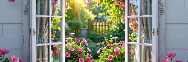 Okno, Ogród, Kwiaty, Otwarte