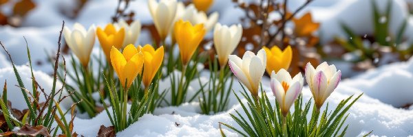 Żółte, Śnieg, Krokusy, Białe