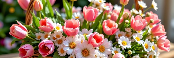 Tulipany, Bukiet, Stokrotki, Grafika AI, Koszyk