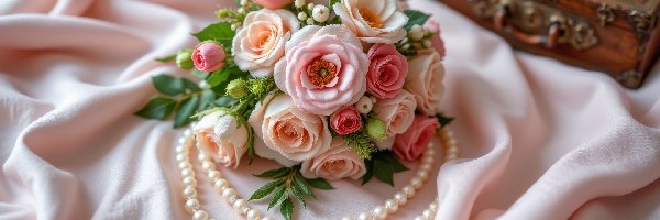 Bukiet, Róże, AI, Tkanina, Listki, Perły, Naszyjnik, Kwiaty