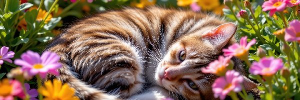 Leżący, Kwiaty, Kot, Pręgowany