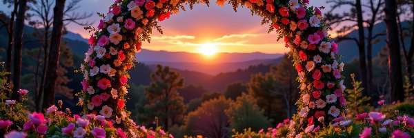 Chmury, Kwiaty, Drzewa, Zachód słońca, Łuk, Kwiatowy