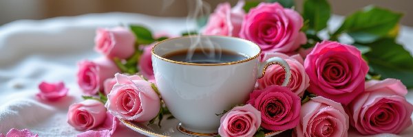 Filiżanka, Kwiaty, Kawa, Serweta, Róże