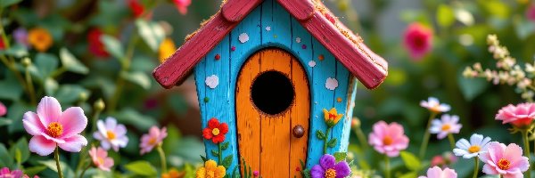 Kolorowy, Budka, Domek, Dekoracja, Kwiaty