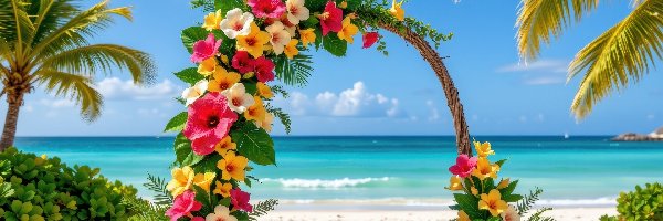 Morze, Palmy, Plaża, Kwiaty, Łuk