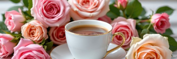 Kwiaty, Biała, Róże, Kawa, Filiżanka