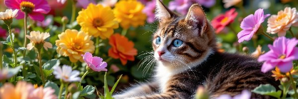 Kot, Kolorowe, Kwiaty, Brązowo-biały