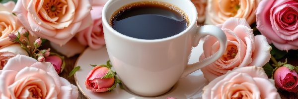 Kwiaty, Filiżanka, Talerzyk, Róże, Biała, Kawa