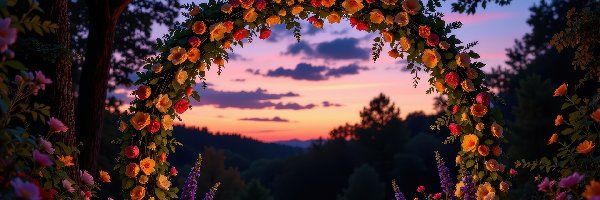 Zachód słońca, Kolorowe, Kwiaty, Drzewa, Łuk, Kwiatowy