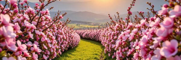 Kwiaty, Krzewy, Słoneczny blask, Niebo, Różowe, Ścieżka, Góry, Pole