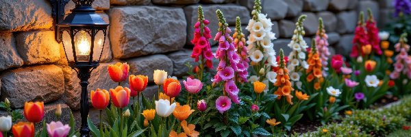 Tulipany, Kolorowe, Ogród, Kamień, Kwiaty, Naparstnica, Mur, Latarnia