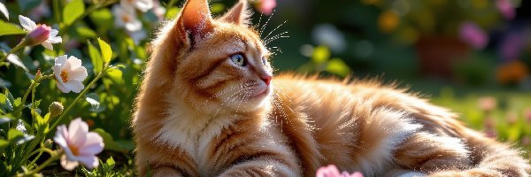 Kot, Leżący, Rudy, Spojrzenie, Kwiaty