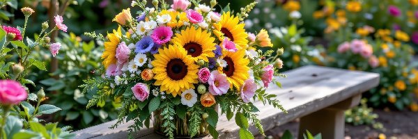 Ławka, Bukiet, Kwiaty, Rośliny, Słoneczniki