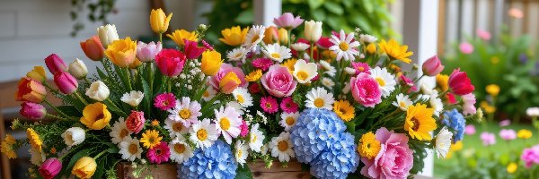 Kwiaty, Stół, Skrzynka, Kolorowe