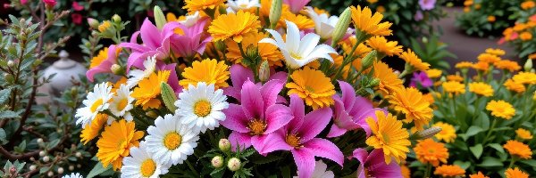 Kolorowe, Lilie, Kwiaty, Bukiet, Margerytki