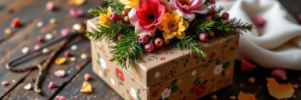 Kwiaty, Pudełko, Gałązki, Zielone, Kolorowe, Płatki, Kwiatów, Prezent