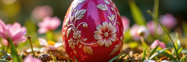 Wielkanoc, Pisanka, Czerwona, Grafika AI, Kwiaty