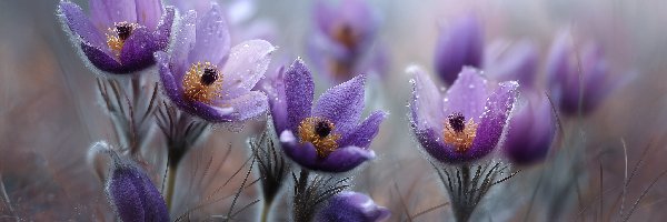 Mokre, Sasanki, Fioletowe, Grafika AI, Kwiaty