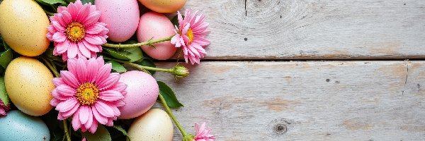 Deski, Pisanki, Kwiaty, Kolorowe, Wielkanoc, Gerbery, Różowe