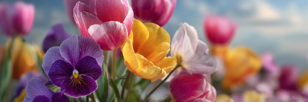 Kolorowe, Tulipany, Kwiaty, Grafika AI, Bratki