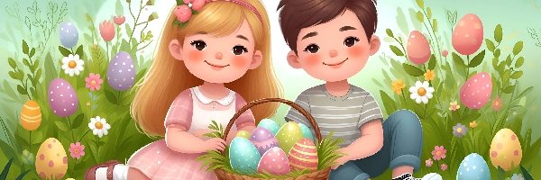 Wielkanoc, Pisanki, Dzieci, Koszyk, Łąka
