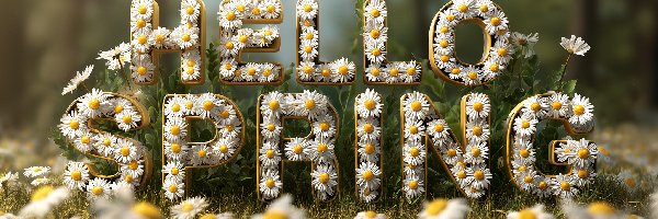 Stokrotki, Hello Spring, Kwiaty, Grafika AI, Napis, Wiosna