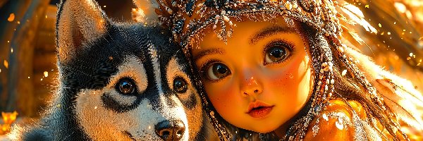 Dziewczynka, Pies, Pióropusz, Grafika AI, Szczeniak