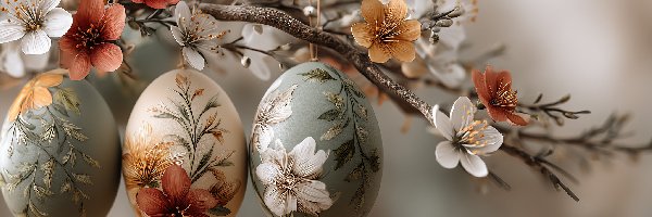Kwiaty, Pisanki, Gałązka, Grafika AI, Trzy, Wielkanoc
