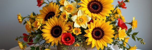 Narcyzy, Słoneczniki, Tkanina, Stół, Maki, Bukiet, Wazon, Kwiaty