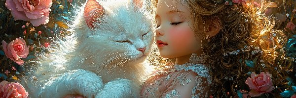 Kwiaty, Biały, Kot, Grafika AI, Dziewczynka, Śpiąca