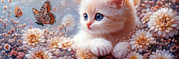 Kot, Kwiaty, Kotek, Grafika AI, Motyle