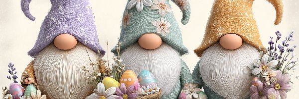 Koszyczki, Trzy, AI, Grafika, Krasnale, Pisanki, Kwiaty, Wielkanoc