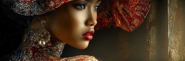 Kolczyk, Twarz, Kapelusz, Grafika, Półprofil, Kobieta