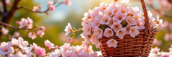 Koszyk, Kwiaty, Wiklinowy, Gałązki, Drobne, Różowe