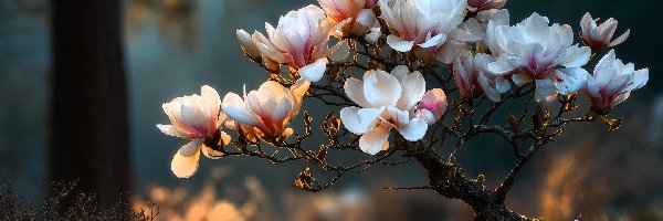 Bonsai, Różowe, Kwiaty, Grafika AI, Krzew, Magnolia