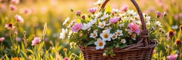 Koszyk, Kwiaty, Wiklinowy, Trawa, Białe, Różowe