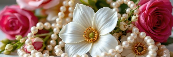 Białe, Korale, Perły, Kwiaty
