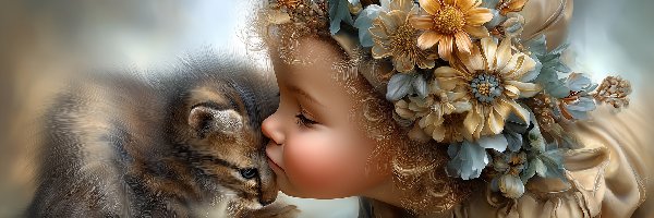 Mały, Dziewczynka, Kot, Grafika AI, Kwiaty